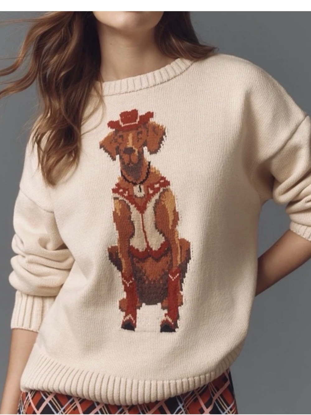 Porridge Anthropologie Jolene Western Dog Cream Crewneck Sweater